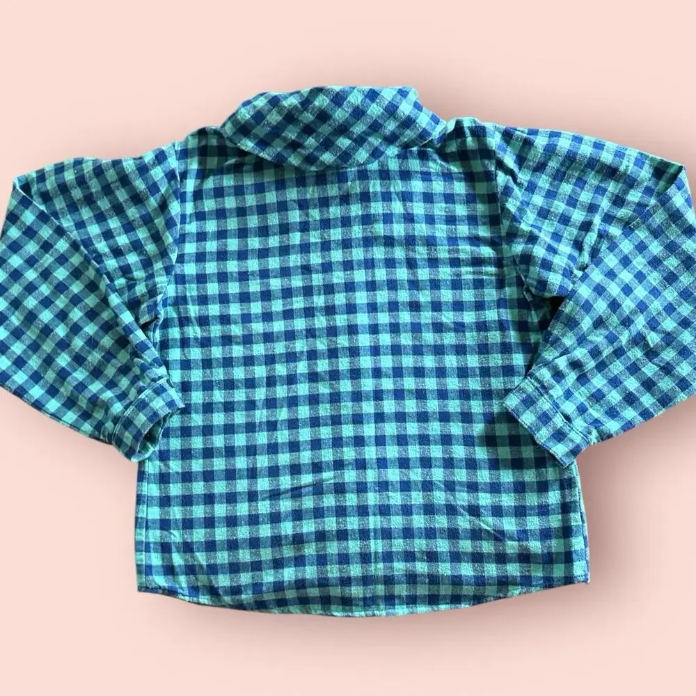 Vtg OshKosh B'Gosh Plaid Flannel Top Shirt Teal Girls Sz 12/14 Large Ascot Blue